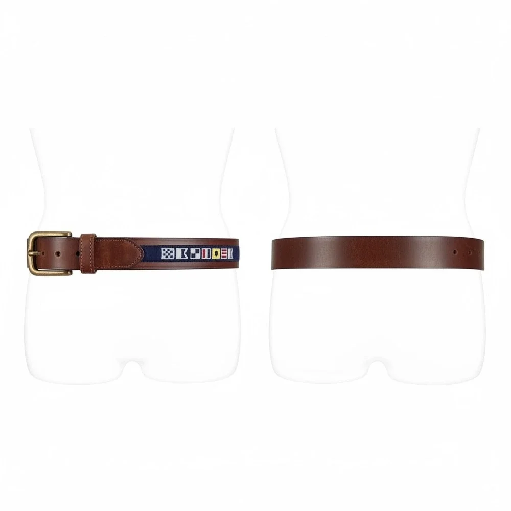 Leather Nautical Inlay Flag Belt Mens 40 Brown Brass Buckle Preppy Coastal Style